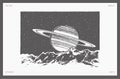 High detail illustration of cosmic landscape, space sketch. Planet Saturn with mountains