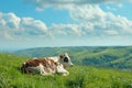 High Detail Image of Cow Resting on the Grasscovered Hills Royalty Free Stock Photo