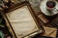 High Detail Image of Notebook, Paper, Coffee Cup and Envelope with Vintage Old Picture Frame Royalty Free Stock Photo