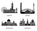 High detail landmarks silhouette stencil set. World countries cities sightseeing collection.