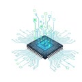 High detail microchip processor with glowing circuit pathways and electronic network connections Royalty Free Stock Photo