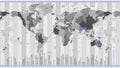 High detail monochrome world map standard time zones, with borders and country names, vector illustration