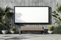 Blank billboard on a concrete wall with a wooden bench and green plants Royalty Free Stock Photo