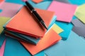 High Detail Picture of a Pile of Post it Notes and a Pen on Top of Each Other Royalty Free Stock Photo