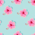 High detail pink hibiscus seamless vector pattern