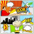 High detail vector mock-up of typical comic book page with various speech bubbles, symbols and sound effects colored