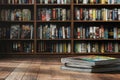 Stack of Magazines on Wooden Table in Library Royalty Free Stock Photo