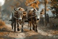 Two oxen pulling a wooden cart on a rural dirt road traditional farming scene agricultural work Royalty Free Stock Photo