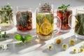 Variety of Herbal Teas in Glass Mugs Royalty Free Stock Photo