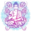 High-detailed artwork of Sitting Buddha over the round Mandala pattern. Hand drawn beautiful vector artwork isolated.