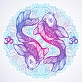 High-detailed beautiful illustration of Koi carp fish on Mandala round pattern.Hand-drawn vector line art isolated. Tattoo art.