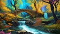 High Detailed Full Color Vector - Vibrant, Whimsical Fantasy Image of Colorful Enchanted Fantasy Forest with Footbridge, Waterfall Royalty Free Stock Photo