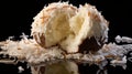 A high-detailed, full ultra HD image of a decadent white chocolate and coconut truffle surrounded by a sprinkling of toasted Royalty Free Stock Photo