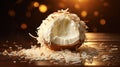 A high-detailed, full ultra HD image of a decadent white chocolate and coconut truffle surrounded by a sprinkling of toasted