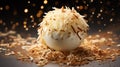 A high-detailed, full ultra HD image of a decadent white chocolate and coconut truffle surrounded by a sprinkling of toasted