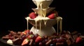 A high-detailed, full ultra HD image of a white chocolate fondue fountain, with velvety white chocolate cascading down