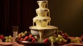 A high-detailed, full ultra HD image of a white chocolate fondue fountain, with velvety white chocolate cascading down