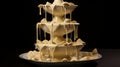 A high-detailed, full ultra HD image of a white chocolate fondue fountain, with velvety white chocolate cascading down