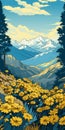 High Detailed Himalayan Art Poster: Flowers In Forest With Azure Mountains