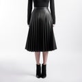 High Detailed Leather Pleated Midi Skirt In Dark Tonality