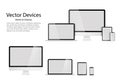 High detailed realistic set of divices Monitor laptop tablet and phone. Transparent mock up screens. Responsive design template