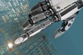 High detailed robotic hand touching digital circuit board with index finge
