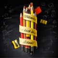 High detailed vector design template for Back to school. Black chalkboard, pencils, pen, and Welcome Back to School text