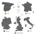 High detailed vector maps of United Kingdom, Italy, Germany, France and Spain with administrative divisions. Royalty Free Stock Photo