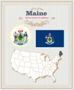 High detailed vector set with flag, coat of arms Maine. American poster. Greeting card