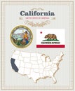 High detailed vector set with flag, coat of arms, map of California. American poster. Greeting card