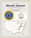 High detailed vector set with flag, coat of arms, map of Rhode Island. American poster. Greeting card