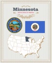 High detailed vector set with flag, coat of arms Minnesota. American poster. Greeting card