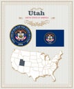 High detailed vector set with flag, coat of arms Utah. American poster. Greeting card