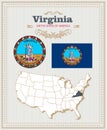 High detailed vector set with flag, coat of arms Virginia. American poster. Greeting card