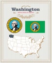 High detailed vector set with flag, coat of arms Washington. American poster. Greeting card