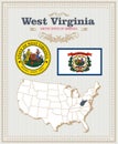 High detailed vector set with flag, coat of arms West Virginia. American poster. Greeting card Royalty Free Stock Photo