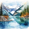 Vibrant Watercolour Landscape Painting Of Lake Louise