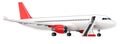 High detailed white airliner with a red tail wing, 3d render on a white background. Airplane with open boarding ladder