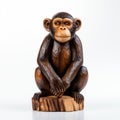 Handmade Wooden Chimpanzee Statue On White Background