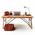 High Detailed Woodwork Desk For Camping With Laptop And Luggage