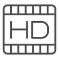 High dimension film line icon. Video with HD quality extension symbol, outline style pictogram on white background