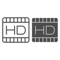 High dimension film line and solid icon. Video with HD quality extension symbol, outline style pictogram on white