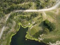 High drone aerial down onto lines formed by pipes, a road, the plant lined waters edge, and power lines