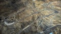 High drone over Highways of Luozha Grand Canyon, Shannan City, Tibet, China with rocky lands