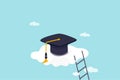 High education, cost and expense to graduate high degree education concept, graduation cap on high cloud with ladder