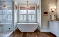 High end bathroom with large white bathtub and shiplap siding Royalty Free Stock Photo