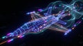 Sci-Fi Fighter Jet 3D Render Cyberpunk Wireframe Aircraft Art Royalty Free Stock Photo