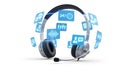 High-end 3D telemarketing headset combined with floating holographic support icons. Isolated on White background. Royalty Free Stock Photo