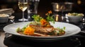high-end gastronomic experience: meticulously plated cuisine, ambient dining setting, fine wine pairings, upscale service