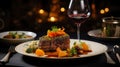 high-end gastronomic experience: meticulously plated cuisine, ambient dining setting, fine wine pairings, upscale service